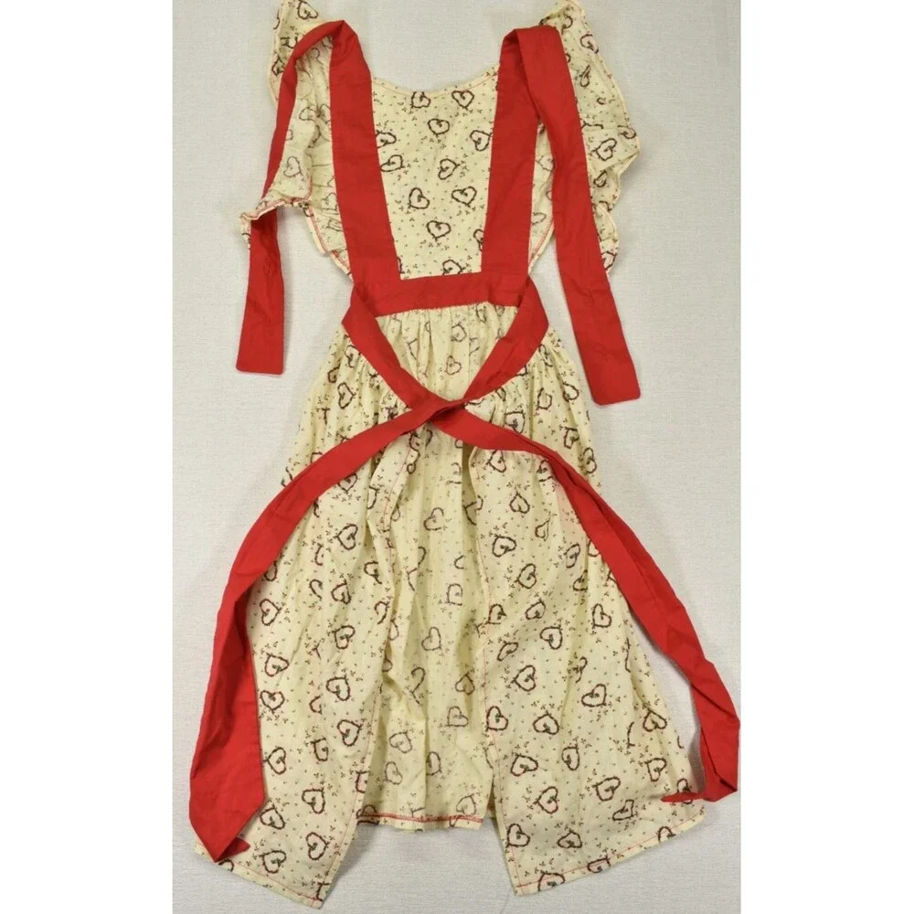 VTG Handmade Ruffle Pinafore Apron Cream Red Hearts Cottagecore Retro Kitchen